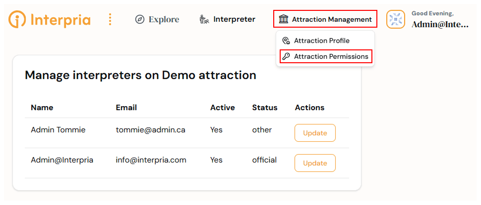 Attraction Permissions button
